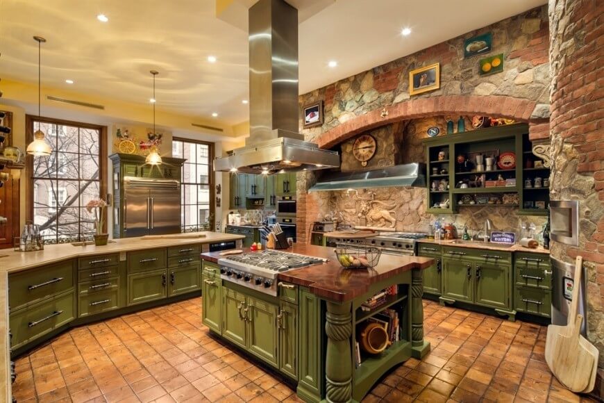 a brick and stone rustic kitchen with a wealth of distressed green WFDAOFY