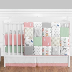 baby girl bedding coral, mint and grey woodsy deer baby bedding - 9pc girls crib ZVYOQRG