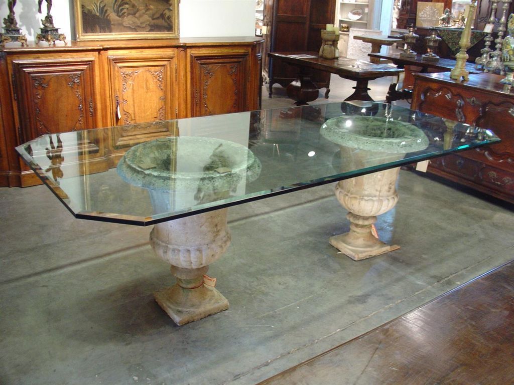 beveled glass table top on antique french stone urns BGEALZG