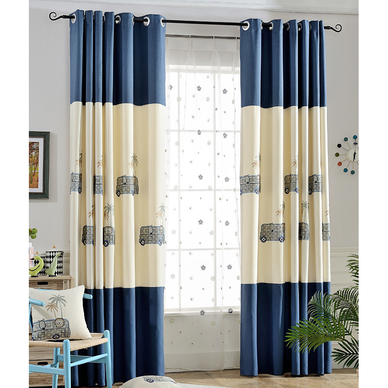 blue and beige patterned embroidery poly/cotton blend boys curtains JYYTBZW