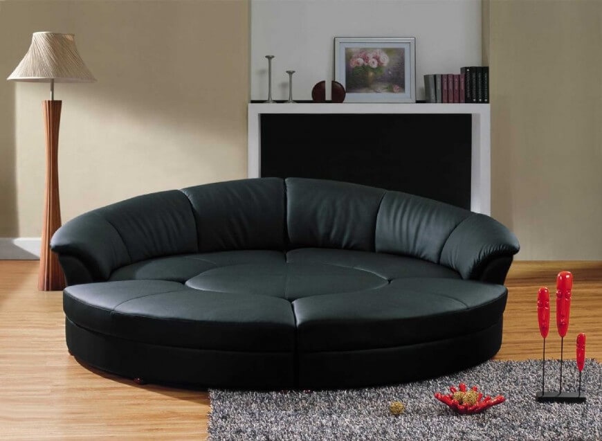 circular sofa this black leather sectional features plush back cushioning and five piece  construction, BKCAZJT