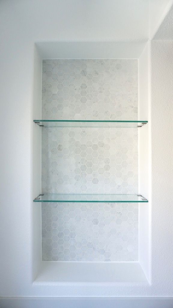 eggshell home - master bathroom custom glass shelves marble tile niche FOPYLVN