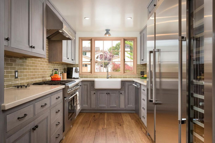 galley kitchen with gray cabinets, quartz countertop and engineered oak  floors BLRYSMW