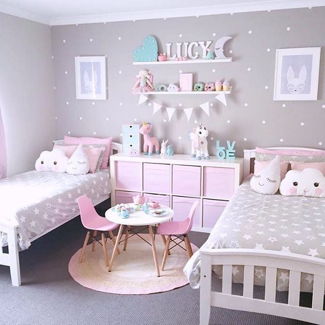 girls bedroom designs super cute pink, grey and turquoise girlu0027s shared bedroom with polka dot YUBRZSH