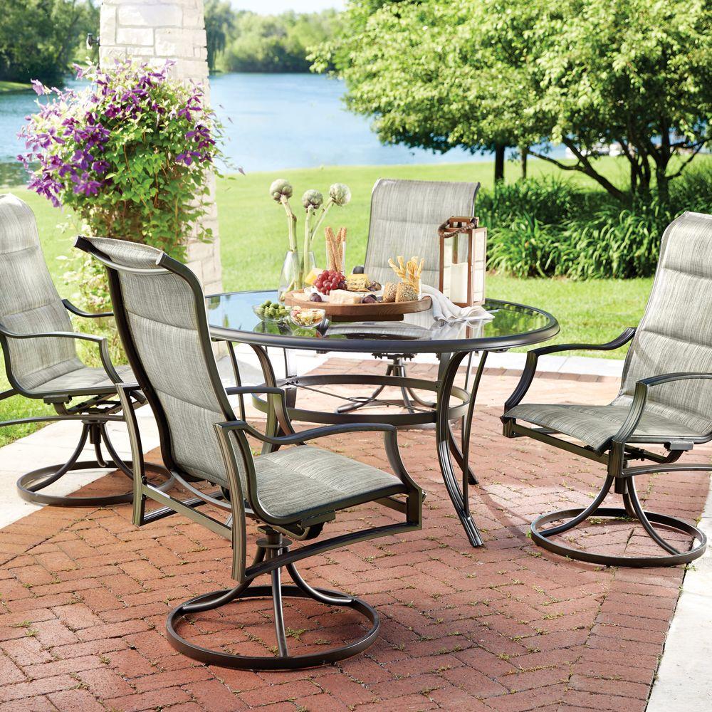 hampton bay statesville 5-piece padded sling patio dining set with 53 in. OANJKCN