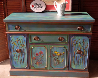 hand painted furniture credenza artisan hand painted finish parade of color vintage sideboard  poppy cottage PAUFRXA