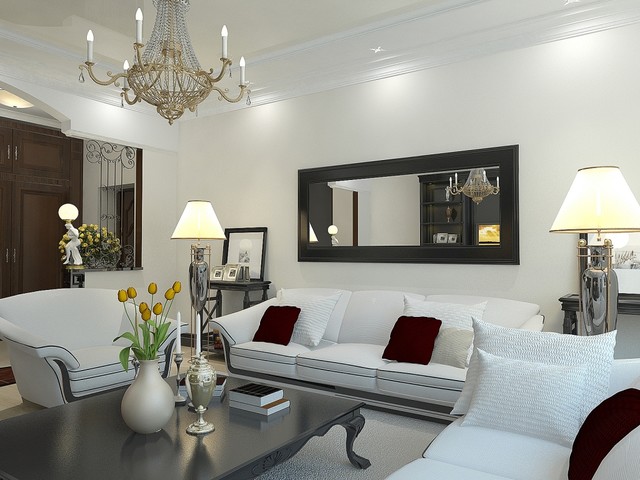 living room mirrors example of a trendy living room design in sacramento with white walls TLYSHQT