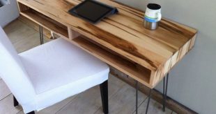 midcentury modern desk featuring wormy maple with hairpin legs. FDMNXZM