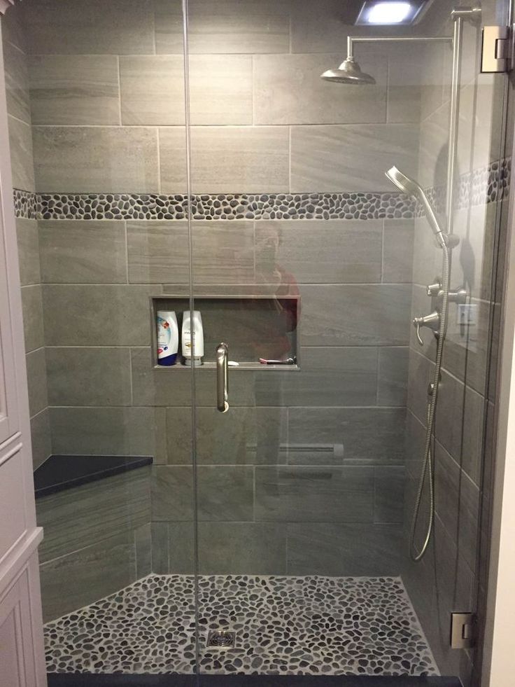 shower designs large charcoal black pebble tile border shower accent.  https://www.pebbletileshop RGRVWXB