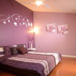 two tone purple bedroom with wall decals and curtains and bed comforter AWGTQXA