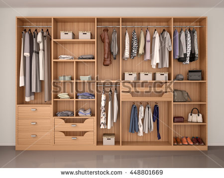 wooden wardrobe closet full of different things. 3d illustration RKWVDQV