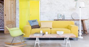 yellow sofa white washed bricks wall and yellow pale sofa SAFFYTU