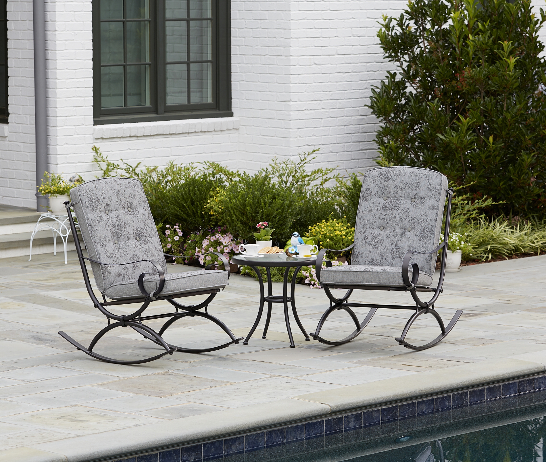 Bistro Sets jaclyn smith centralia 3-piece rocking patio bistro set - gray reversible  cushion WWCQBQR