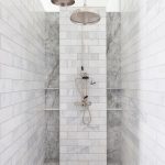 shower shelves ... this beautiful walk-in shower features dual polished nickel rain shower  heads BHUPEOW