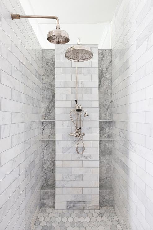 shower shelves ... this beautiful walk-in shower features dual polished nickel rain shower  heads BHUPEOW
