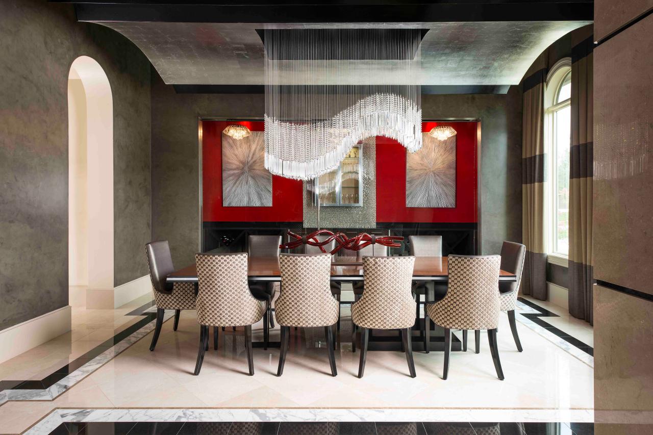 contemporary chandeliers for dining room contemporary dining room with dramatic chandelier and red accent wall EEXWFVO