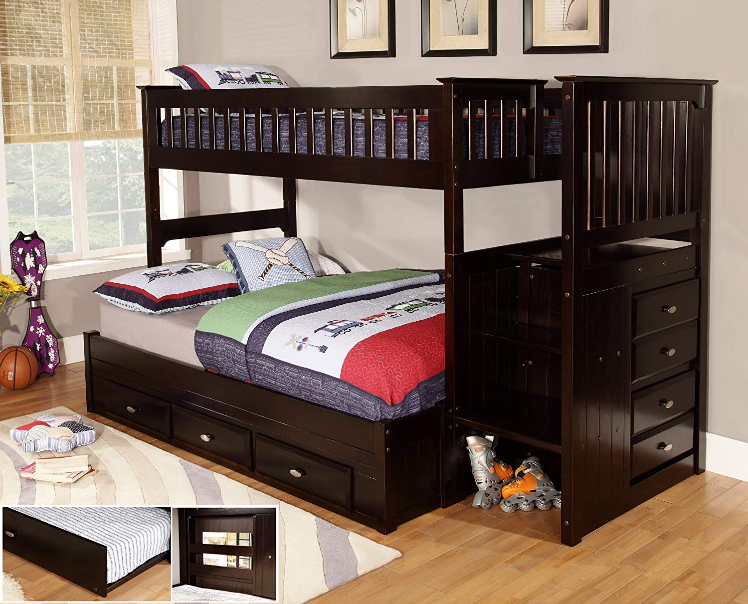 full over full bunk beds with trundle and stairs amazon.com: discovery world furniture twin over full staircase bunk bed VBRHRSC