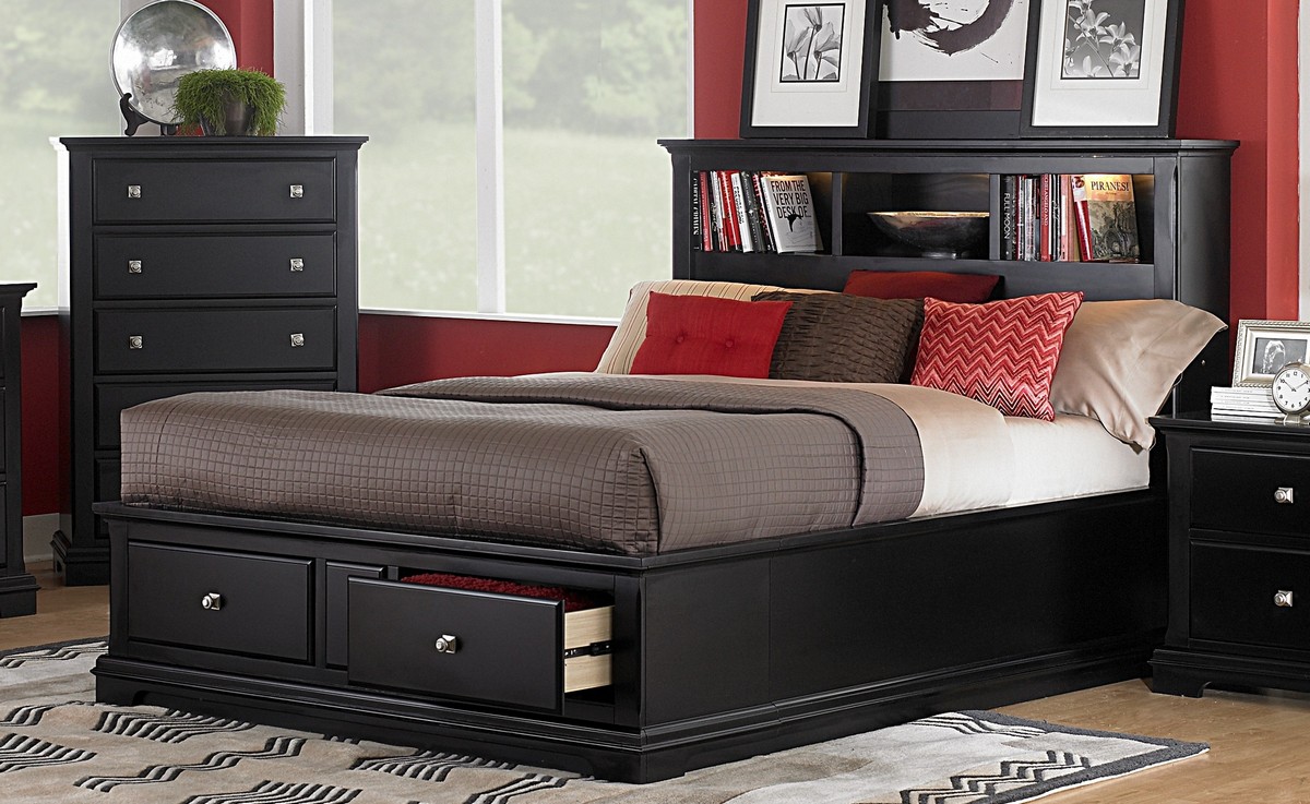 king storage bed with bookcase headboard homelegance preston platform storage bed with bookcase headboard - black VPVYMCE