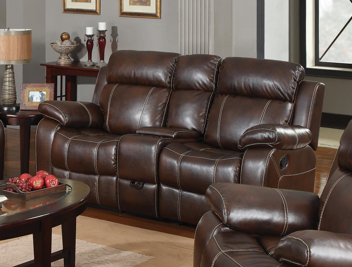 leather reclining loveseat with console dark brown grain leather loveseat with recliner and small console, BNKBZHC