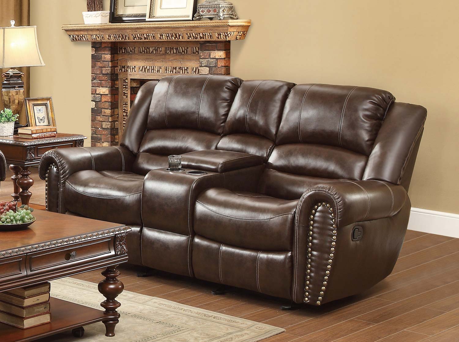 leather reclining loveseat with console homelegance 9668brw-2 traditional brown bonded leather dual reclining  loveseat DTZICPL