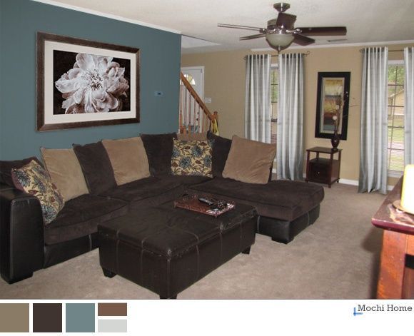 living room accent wall with brown furniture teal and brown living room | peacock teal, chocolate brown FDQIWLV