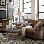 living room ideas with leather furniture love this room. brown leather, rustic wood, black and white CYWQWIR