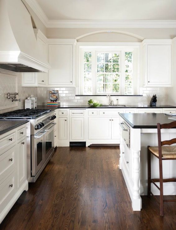 white kitchen cabinets with dark wood floors love the dark wood, white cabinets, and grey tile | SXQXBMA