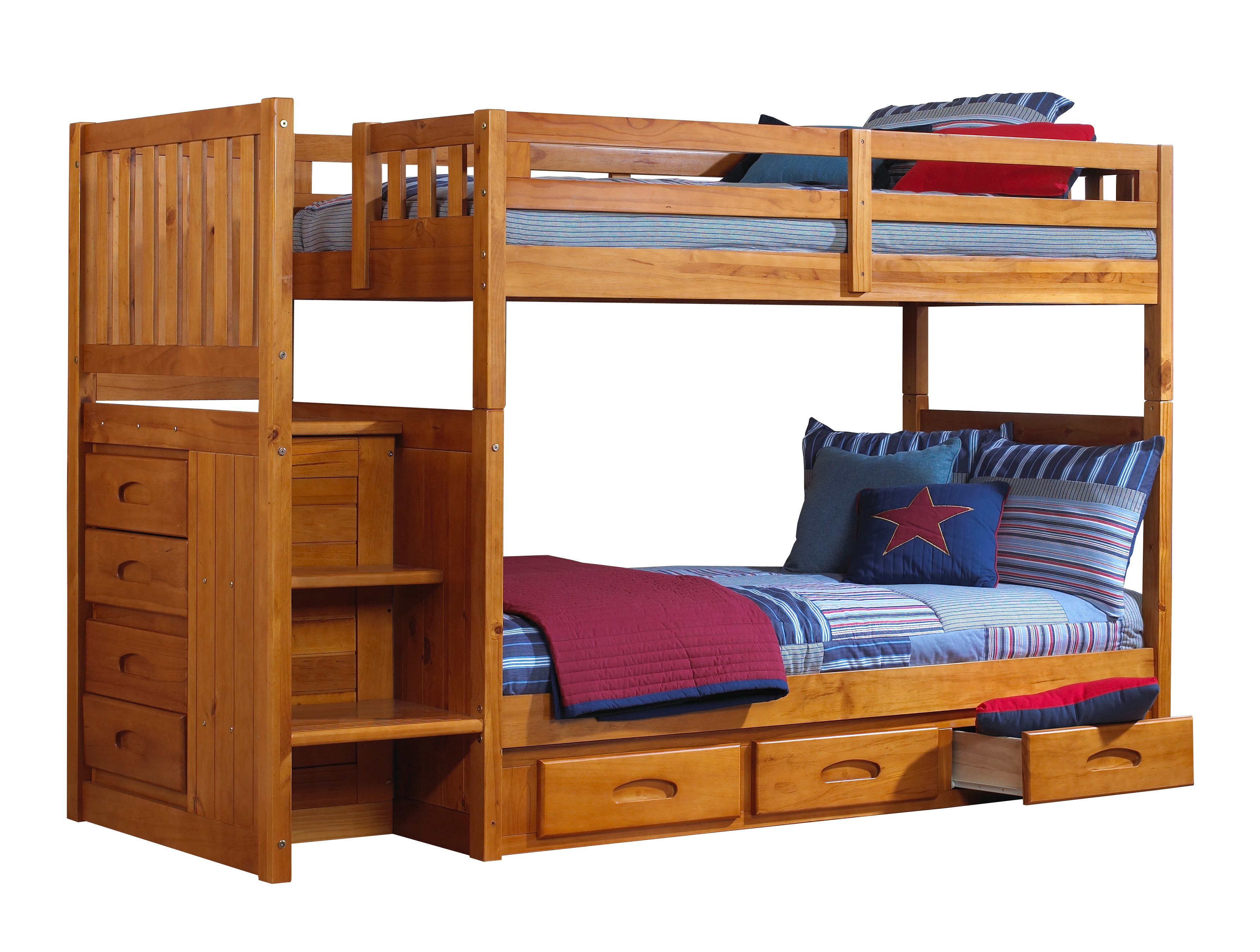 wooden bunk beds with stairs and drawers discovery world furniture twin over twin honey mission staircase bunk KOTEIXS