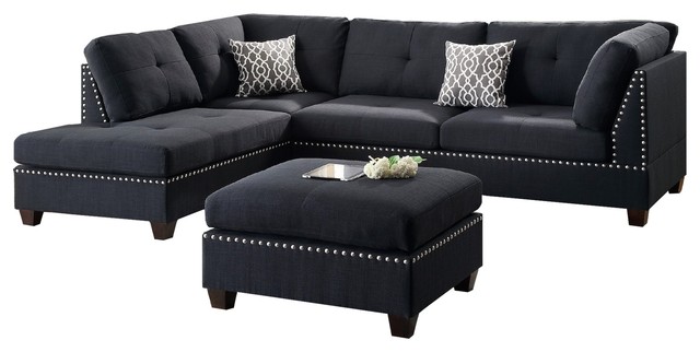 Modern Contemporary Sectional Sofa and Ottoman Set, Black