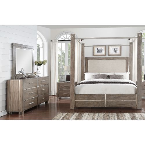 Clearance Contemporary Gray 7 Piece Queen Canopy Bedroom Set - Buena