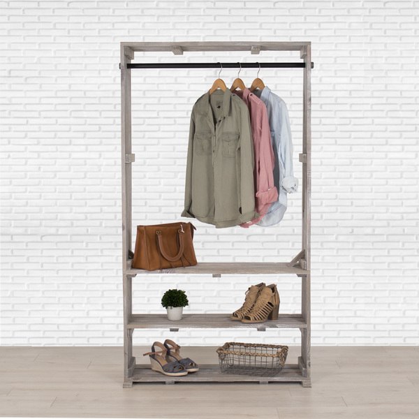 Wooden Clothing Rack with Shelves, Free Standing Clothing Storage