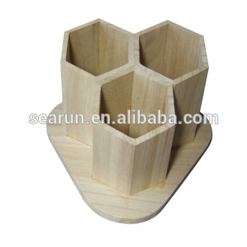 Custom 3 Slot Wood Desk Tidy Plain Wooden Hexagonal Pencil Pen