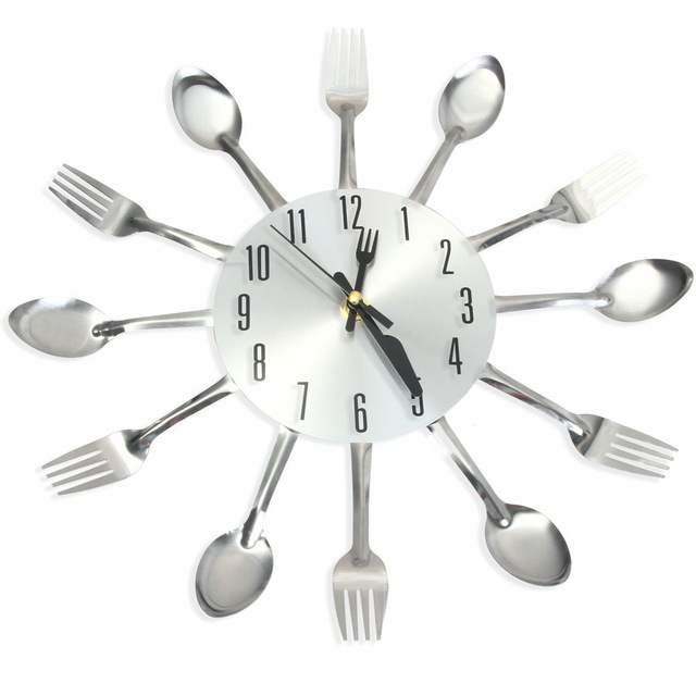 Modern Design 3D Digital Wall Clock Stainless Steel Knife Fork Large