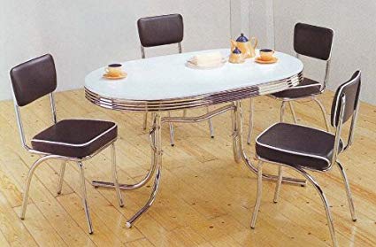 Coaster Home Furnishings Retro Dining Table Set Four Black Chairs Chrome  Plated