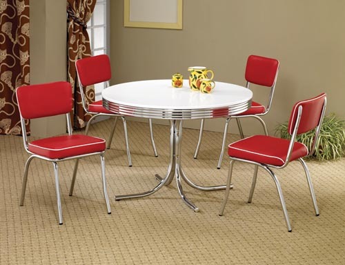 50's Style Round Chrome Retro Dining Table w/ Four Red Chairs