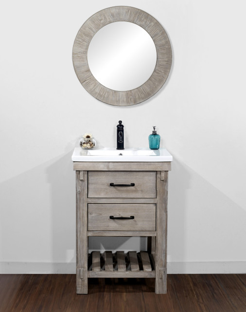 24" Rustic Solid Fir Vanity With Ceramic Single Sink, No Faucet .