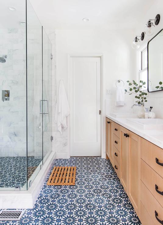 Teak Bath Mat on White and Blue Mosaic Tiles - Transitional - Bathro