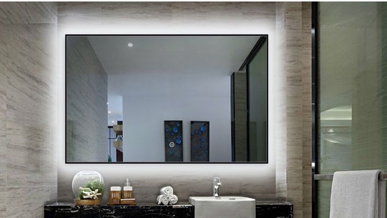 black frame bathroom mirror with led stripe and sensor touch .