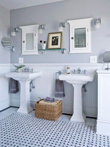 1. Love Grey. 2. Love the double pedestal sink. | Bathroom color .