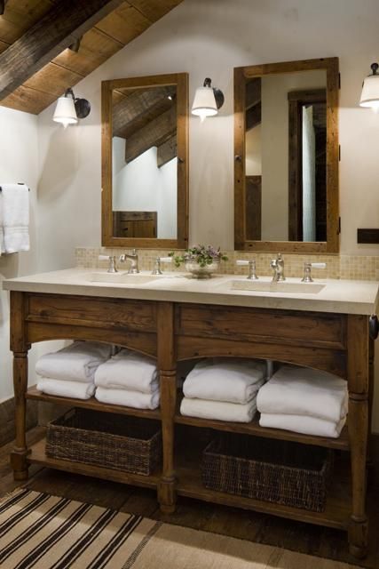Love love love this rustic vanity in wood, with the white towels .