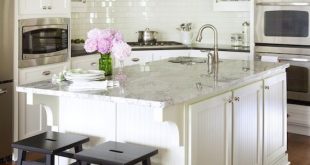 Beautiful white kitchen design with white shaker kitchen cabinets .