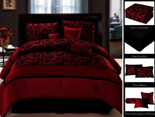 flatlayer.com | Bedroom comforter sets, Black bedspread, Red beddi