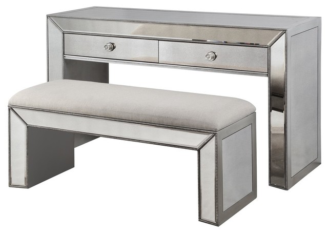 Vanity Console Table With Bench, Silver and Mirrored Inlays, 2 .