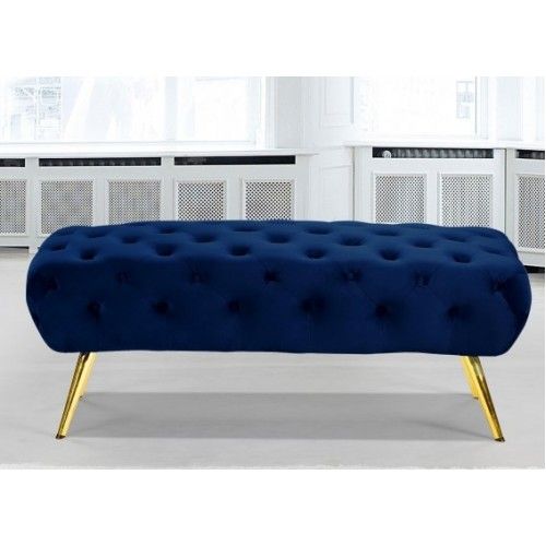 Blue Navy Velvet All Over Tufted Ottoman Bench Gold Pencil Legs .