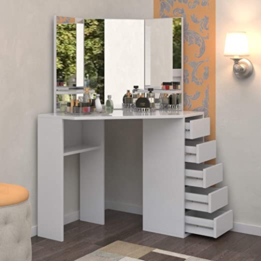 Amazon.com: Victoria Corner Makeup Vanity Table White Makeup Desk .