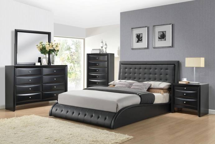 King Tufted Bedroom Set 5Pcs w/Chest Rich Black PU 20657EK Tirrel .