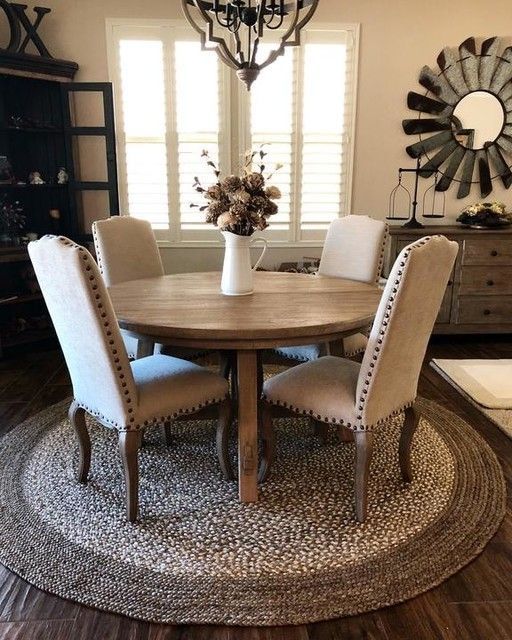 Great rug idea for dining area. Comes in 6 or 8', dark or light .