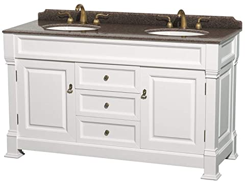 Andover 60 Inch Double Bathroom Vanity in White, Imperial Brown .