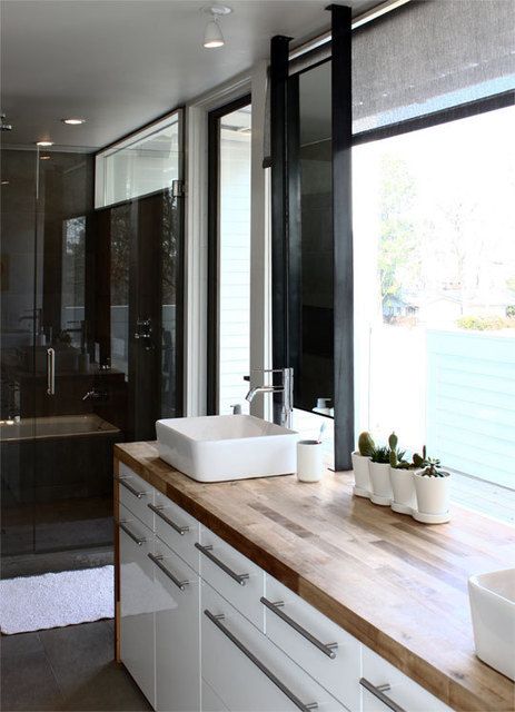 double vanity, bathroom, butcher block, frameless shower, Ikea .