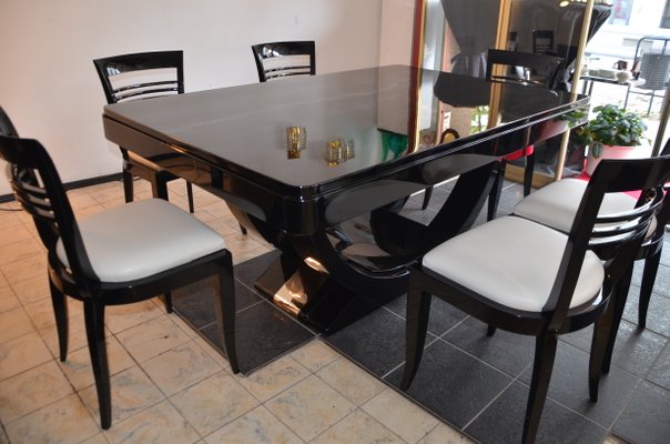 Art Deco Piano Black Dining Table & Chairs Set, 1930s for sale at .